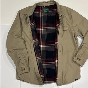 Woolrich Shirt Jacket Mens Large Tan Plaid Flannel Lined Shacket Button Down L/S